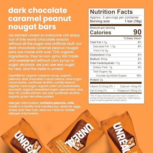 UNREAL Dark Chocolate Caramel Peanut Nougat Bars | 70% Organic Ingredients, Fair Trade, Non-GMO | No Corn Syrup, Sugar Alcohols, Soy | 6 Bags