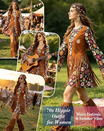 kasahara 60s 70s Outfit for Women Hippie Dress Clothes Boho Disco Costume with Hippie Headband Necklace Earrings Bracelet