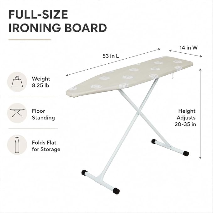 Folding T-Leg Ironing Board, 53 x 14 Inch, Adjustable Height, for Home Use | Portable ironing board with sturdy steel frame and 100% cotton cover, adjustable height, folds flat for easy storage