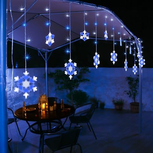 Christmas Snowflake Lights, 10.66ft 168 LED Icicle Lights Outdoor with 14 Drops, 8 Modes Waterproof Connectable Christmas Light for Eaves Wedding Garden Yard, Indoor Outdoor Xmas Decor (White & Blue)
