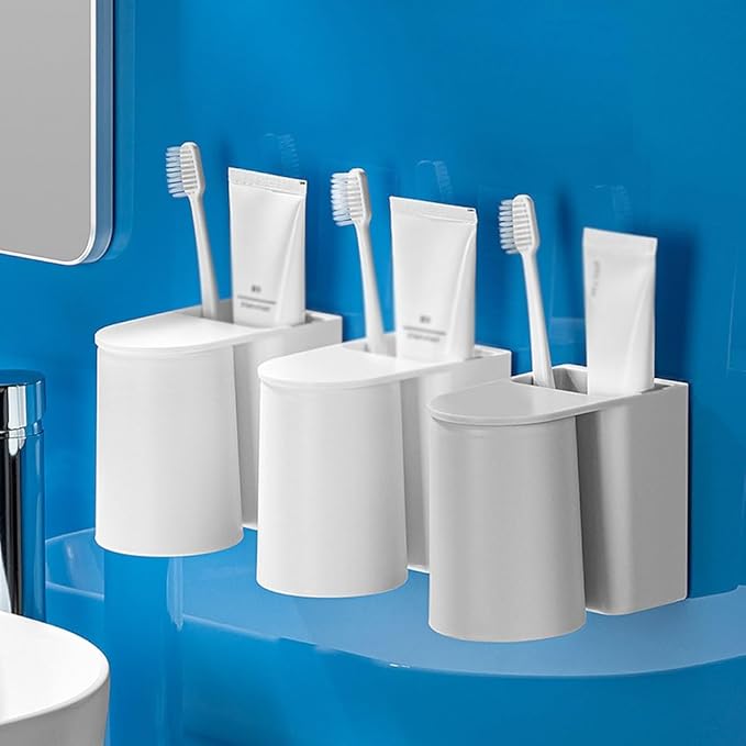 Toothbrush Rack Wall-mounted Toothbrush Holder White Toothpaste Holder Hanging Storage Rack Space Saving with Magnetic Cup Bathroom Toothbrush Holder, S12cm