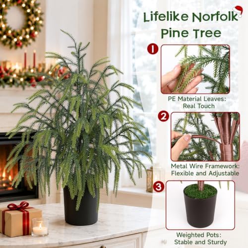 3Pcs Christmas Norfolk Pine Tree, 2FT 3FT 4FT Real Touch Artificial Tree