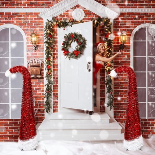 Aurelema 5 ft Curved Pop up Christmas Tree with 50 LED Lights Tinsel Red