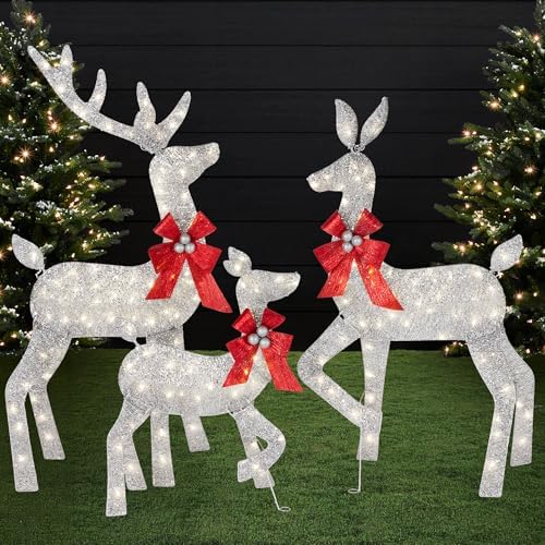 Best Choice Products 4ft 3-Piece 2D Lighted Christmas Deer Family Set, Large Outdoor Yard Reindeer Holiday Decoration with 175 LED Lights, Stakes, Zip Ties - Silver