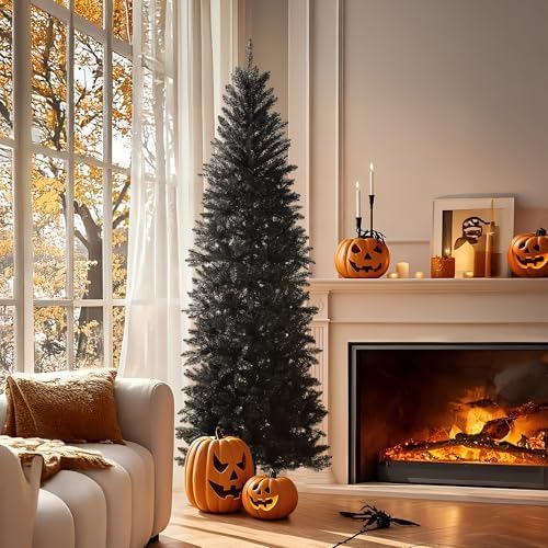 Glitzhome Pencil Tinsel Artificial Christmas Tree, 7.5ft Black Halloween Christmas Tree with 1188 Branch Tips and Foldable Metal Stand for Home Office Party Decoration