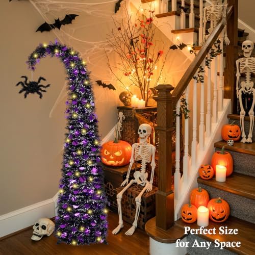 5FT Curved Halloween Pop Up Christmas Tree with Spider Pendant and Lights