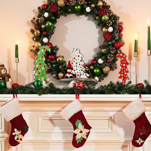 Meooeck 3 Pack Whimsical Wood Christmas Tree Lime Green Tabletop, Polka Dot