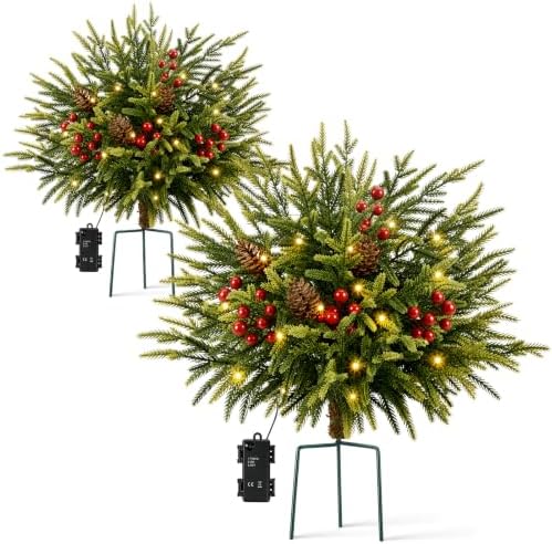 2 Pack 25.5 Inch Outdoor Lighted Christmas Trees, Yard Holiday Decor