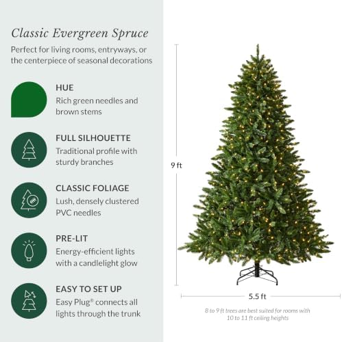 Balsam Hill Classic Evergreen Spruce - Traditional Artificial Christmas Tree with Classic Needle Foliage with LED Clear Lights & Easy Plug Technology, 9'