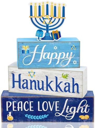 Moucuny 4 Pcs Hanukkah Table Decorations for Home, Wood Menorah Peace Sign