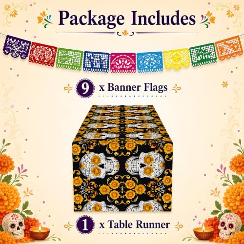 Dia De Los Muertos Decorations - Sugar Skull Table Runner with Banner