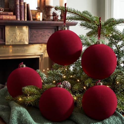 RoundFunny 8 Pcs 6 Inch Velvet Flocked Christmas Ball Ornaments, Burgundy