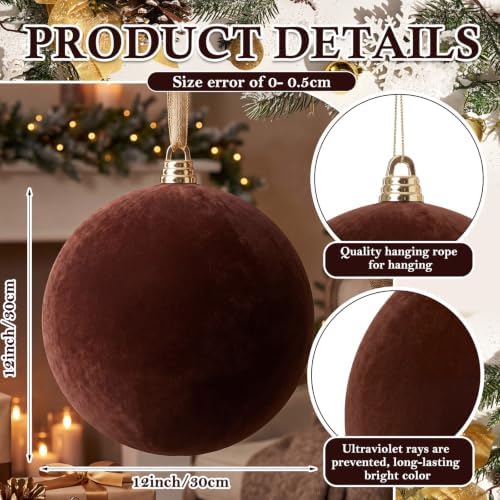 Threan 12 Inch Large Chololate Brown Christmas Ball Ornaments Giant Oversized Plastic Velvet Brown Christmas Ball Decoration Shatterproof UV Hanging Ornament for Xmas Tree Outdoor Indoor Hanging Decor