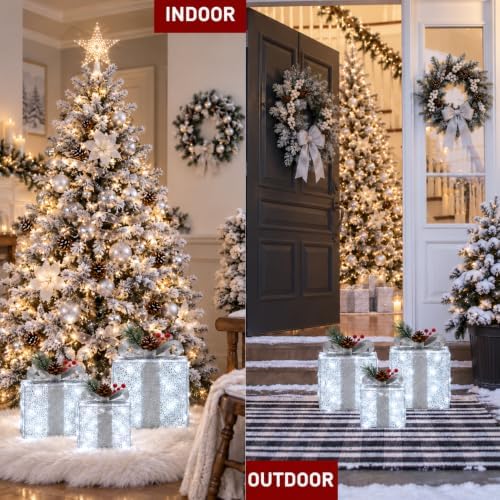 Set of 3 Silver Lighted Boxes, White Indoor Christmas Decor