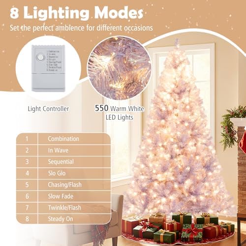 HAPPYGRILL 7.5 FT Pre-lit Tinsel Christmas Tree Artificial Xmas Tree with 550 LED Lights, 8 Modes, 1300 Lavender Purple Branch Tips, Folding Metal Stand, Seasonal Holiday Tree for Home Office Party