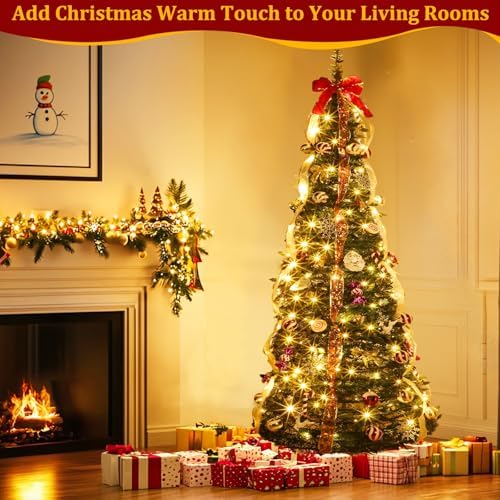 6 FT Prelit Pop Up Christmas Tree with 200 Warm White & Multicolor Lights 8 Modes & Timer Fully Decorated 103 Ornaments, Collapsible Pull Up Christmas Tree with Lights for Indoor Home Party Decor