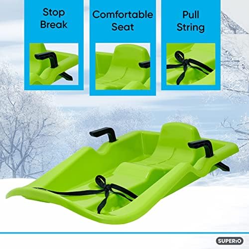 Superio Downhill Snow Sled with Brake Handles for Kids and Adults, 35”, with Pull Rope, Green.