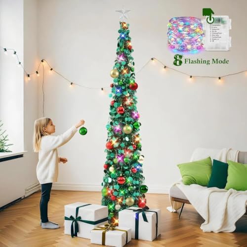 N&T NIETING Pop Up Christmas Tree with Lights & 40 Balls, 6Ft Collapsible Green Tinsel Tree Decorations, Skinny Christmas Tree for Holiday Home Office Decor, Green