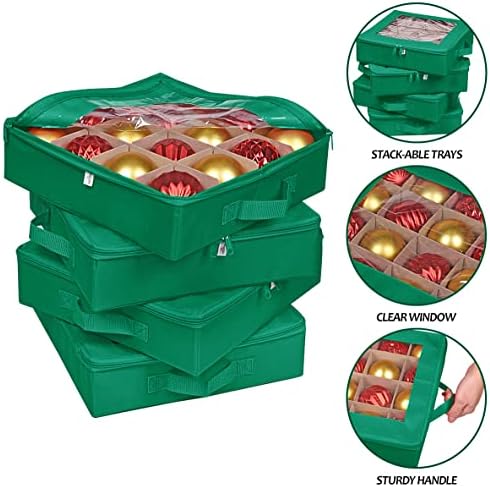 ProPik 4 Pcs Christmas Ornament Storage Boxes with Dividers | 4 Individual Trays Hold 64 Holiday Decoration Balls | Durable Ornaments Organizer Storage Box | Zippered Closure with Handles (Green)