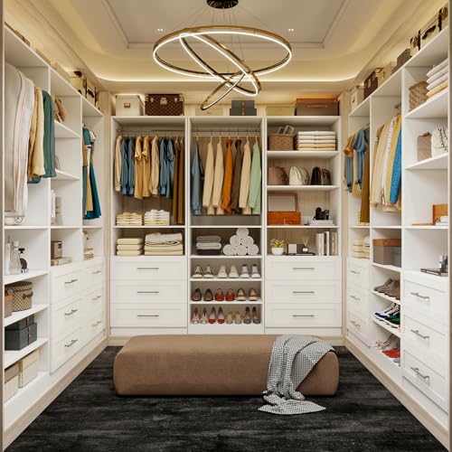 Closet System with 3 Sets, 6–15 FT Closet Organizer System with 6 Drawers, 9 Shelves & 5 Rods, Walk-In Modular Closet System, Custom Built-In Closet Kit, White