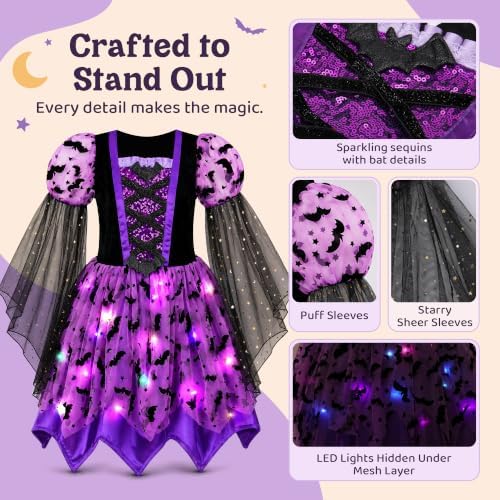 Meland Light Up Witch Costume for Girls 3-10, Toddler Kid Halloween Costume