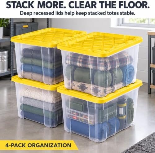 27 Gallon Clear Plastic Industrial Storage Tote, Snap Lid, Yellow, 4 Pack