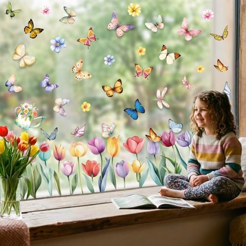 9 Sheets Spring Window Clings Decor, Tulip Floral Butterfly Window Stickers