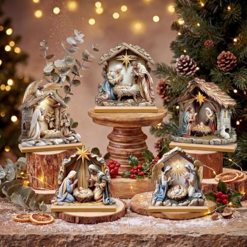 RattanView 5 Pcs Christmas Table Decorations Wooden Christian Religious Decoration Nativity Scene Centerpiece Holy Night Tiered Tray Decor Nativity Scene Christmas Block Signs for Home Kitchen Shelf