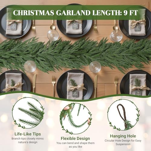 2PCS 9FT Christmas Garland, Artificial Real Touch Norfolk Pine Garland