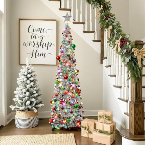 N&T NIETING Pop Up Silver Mix Tinsel Christmas Tree with Lights & 30 Balls, 5Ft Collapsible Skinny Christmas Tree for Holiday Xmas Home Office Decor