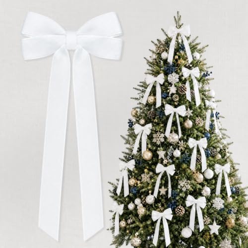 12Pcs White Velvet Ribbon Bows Christmas Tree Decorations,5in x 10in Xmas Ornaments for Tree Home Party Front Door Wreath Garland Holiday Decor