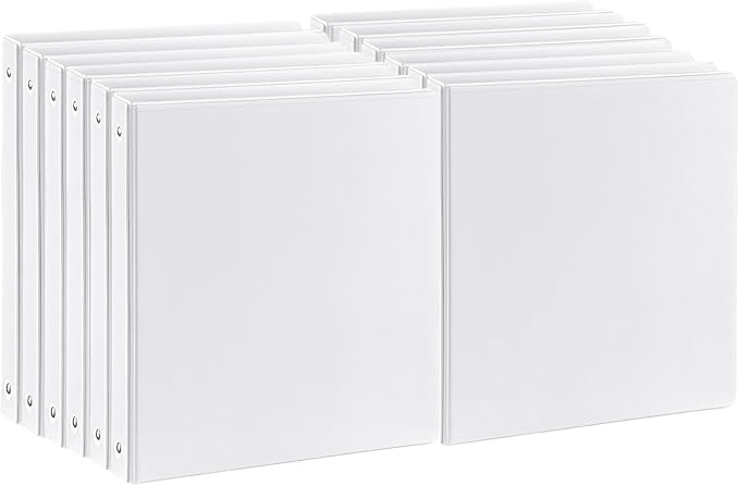 Durable 1 inch 3-Ring Binder, 1" Round Ring Binders with 2 Inside Pockets, Basic 1 in Binders, PVC- Free, Clear View Cover 1-inch-Binder Holds 8.5'' x 11''Paper for Office/School/Home（12 Pack, White