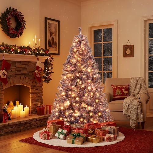 HAPPYGRILL 6 FT Pre-lit Tinsel Christmas Tree Artificial Xmas Tree with 250 LED Lights, 8 Modes, 688 Deep Purple Branch Tips, Folding Metal Stand, Seasonal Holiday Tree for Home Office Party