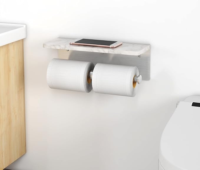 Brushed Nickel Toilet Paper Holder with Shelf, New Upgrade Double Toilet Paper Holder with Storage, Marble Roll Toilet Paper Wall Mount for Bathroom Washroom