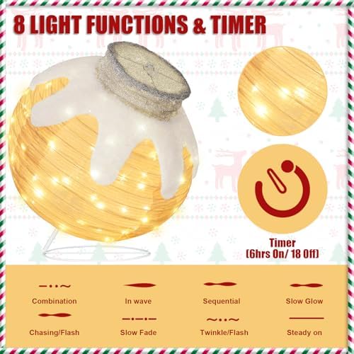 2 Pcs Outdoor Christmas Ornaments, Lighted Pop-Up Holiday Ball Decoration with 160 LED Lights, 8 Light Functions, Lighted Collapsible Christmas Outdoor Decorations for Yard, Patio, Home