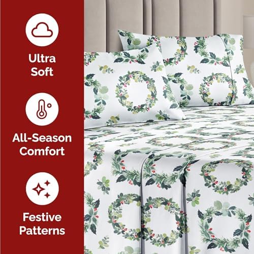 Christmas Sheet Set, Holiday Wreath, Holiday Xmas Bedding Set - Full Size