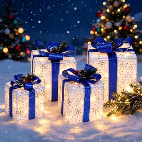 Set of 4 Christmas Lighted Gift Boxes, Light Up Blue Present Boxes