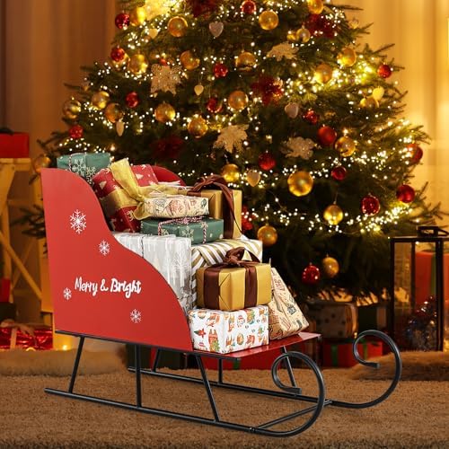 Tangkula Metal Christmas Santa Sleigh Basket, Xmas Santa’s Gift Storage Sleigh, Festive Decorative Sleigh Cart, Holiday Decoration for Home Office Carnival