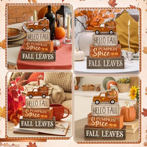 Moucuny 4 Pcs Fall Table Decor, Pumpkin Wood Block Sign Home Tray