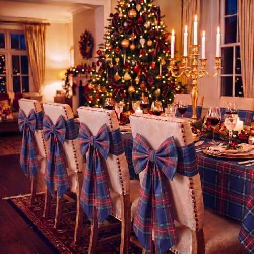 Thiccywoov 4 Pcs Christmas Chair Bows Decorations 25 x 14 in, Blue Tartan