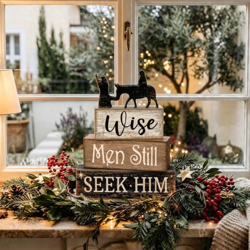 Lineshading 4 Pcs Christmas Table Decor, Wise Men Still Seek Him Sign