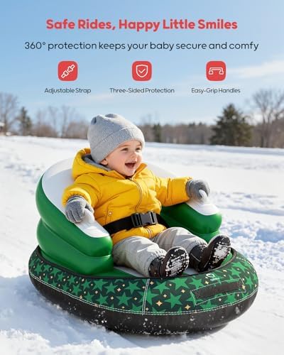 QPAU Snow Sled for Toddlers 1-3 with Canvas Cover, Inflatable Baby Sled with 3-Sided Protection, Tow Strap & Handles, Kids Snow Tube for Skiing & Sledding Outdoor Toys