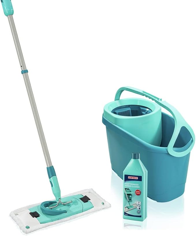 Leifheit Clean Twist Ergo 2.0 Flat Mop Set with Power Cleaner, Floor Mop with Microfibre Cover for Mist Cleaning on Laminate and Tiles, Mop with Spin Technology