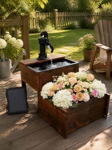 Outdoor Water Fountain, Floor Wooden Rectangular Double-Layer Old-Fashioned Hand Pump Fountain with Flower Box, Solar-Powered Electric Decorative Water Feature for Garden Patio Backyard