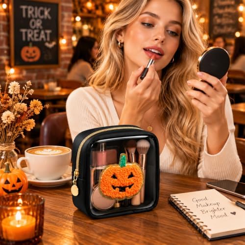 Abbylike 12 Pcs Halloween Preppy Patch Makeup Bags Bulk Polyester Holiday Makeup Bag Skincare Pouch Zipper Cosmetic Pouch Preppy Thing for Travel Halloween Women Gift (Frosted, Assorted Colors)