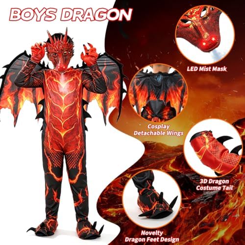 Kids Dragon Costume, Boys Dragon Halloween Costume with Mask, Wings & Tail