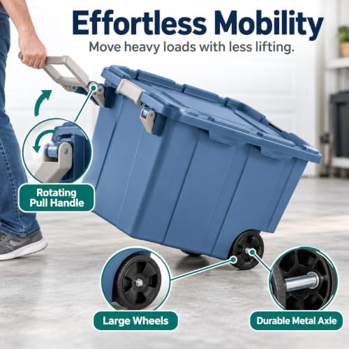 2-Pack 40 Gal Wheeled Storage Bins, Latching Lid & Pull Handle, Blue