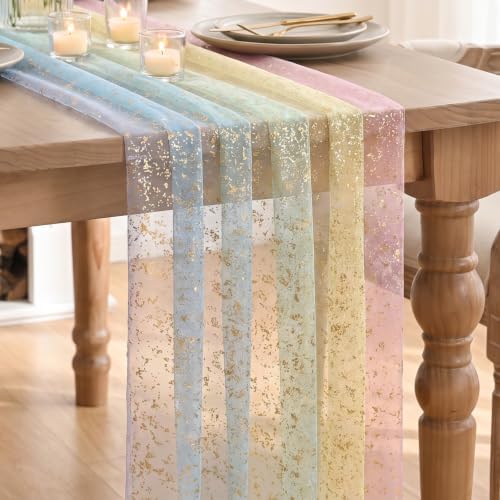 Artoid Mode Gold Gauze Table Runner 120 Inch 10FT, Rainbow Glitter Metallic Foil Sheer Dining Wedding Anniversary Holiday Birthday Table Decor for Home Party