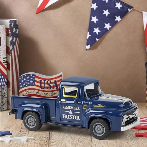 Memorial Day Patriotic Truck Decor, Americana Vintage Pickup Truck Tabletop Decoration, Rustic Farmhouse Tiered Tray Decor for 4th of July Independence Day Home Office