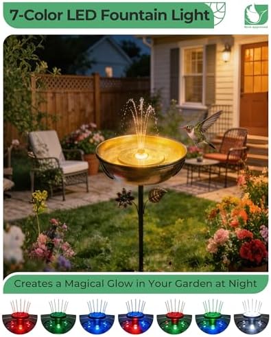 Metal Bird Bath with Solar Fountain, LED Lights & Battery Backup